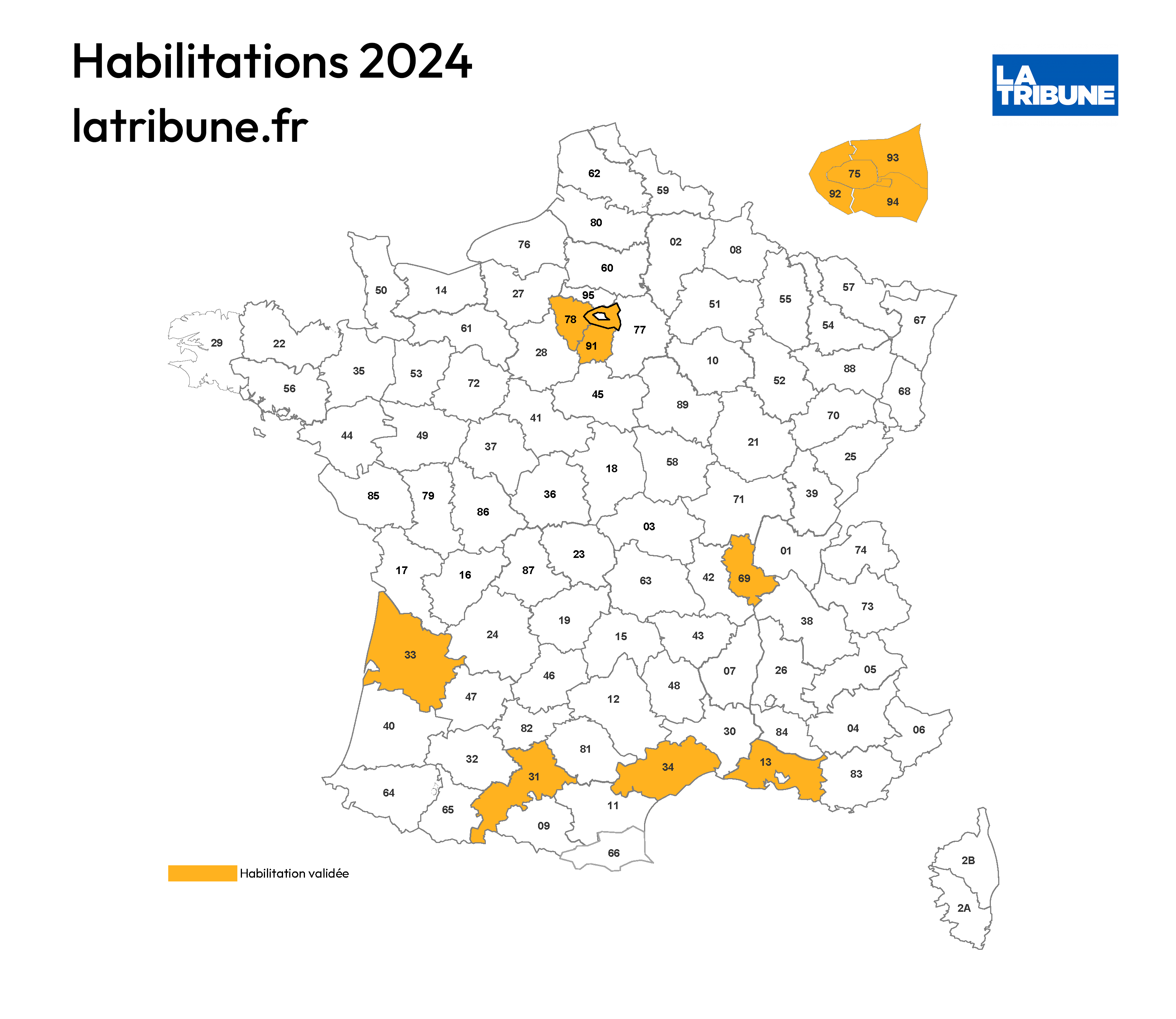 Carte de france représentant les département où laTribune est habilitée